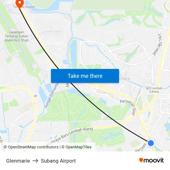 Glenmarie to Subang Airport map