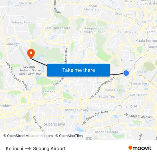 Kerinchi to Subang Airport map