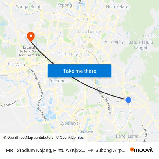 MRT Stadium Kajang, Pintu A (Kj822) to Subang Airport map