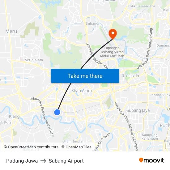 Padang Jawa to Subang Airport map