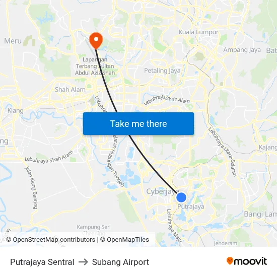 Putrajaya Sentral to Subang Airport map
