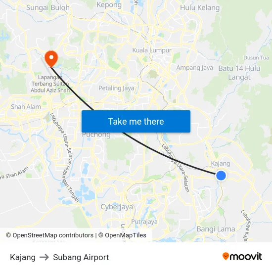 Kajang to Subang Airport map