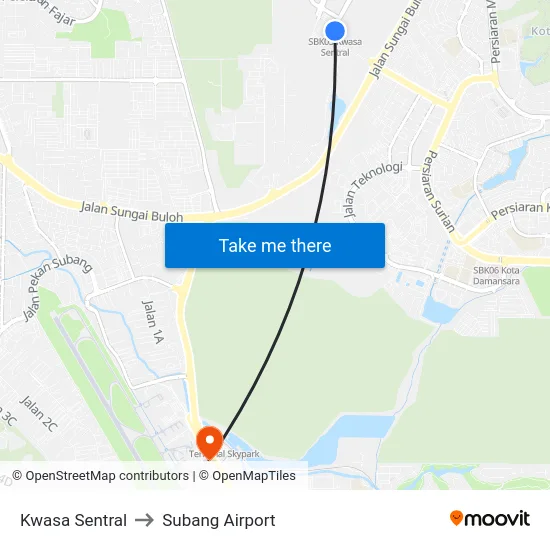 Kwasa Sentral to Subang Airport map