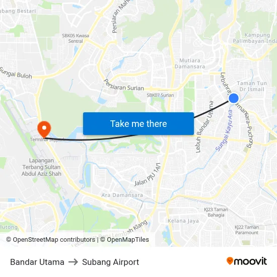 Bandar Utama to Subang Airport map