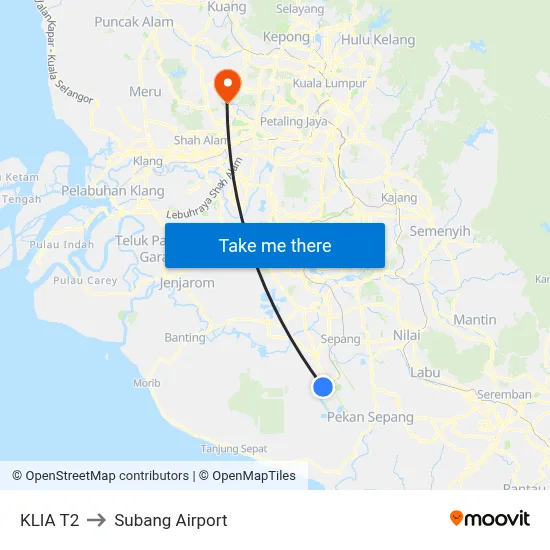 KLIA T2 to Subang Airport map