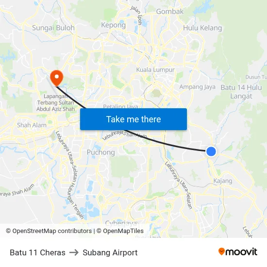 Batu 11 Cheras to Subang Airport map
