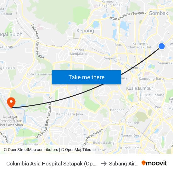 Columbia Asia Hospital Setapak (Opp) (Kl686) to Subang Airport map