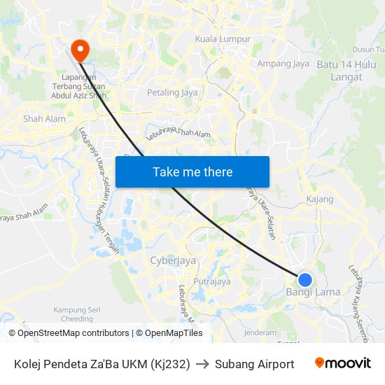 Kolej Pendeta Za'Ba UKM (Kj232) to Subang Airport map