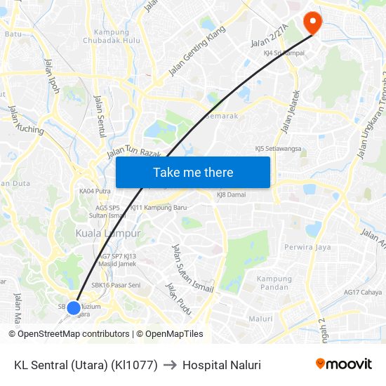 KL Sentral (Utara) (Kl1077) to Hospital Naluri map