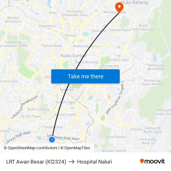 LRT Awan Besar (Kl2324) to Hospital Naluri map