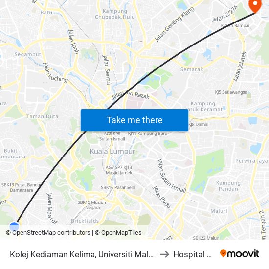 Kolej Kediaman Kelima, Universiti Malaya (Kl2343) to Hospital Naluri map