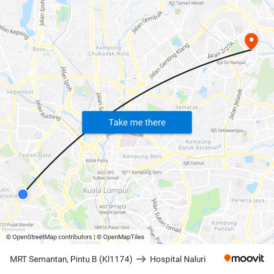MRT Semantan, Pintu B (Kl1174) to Hospital Naluri map