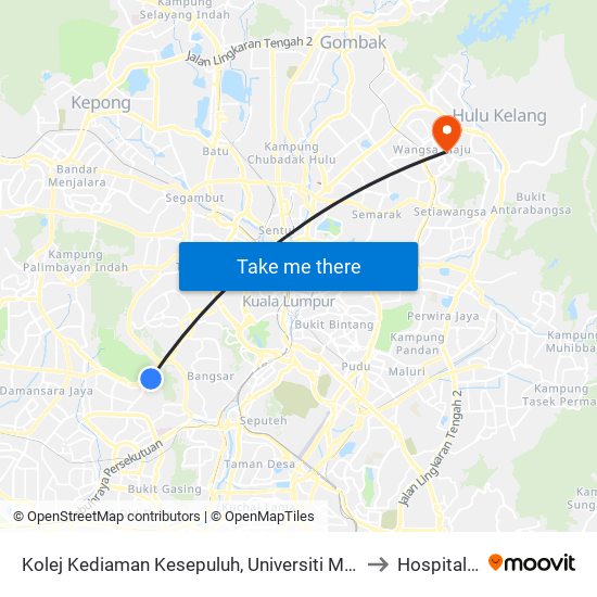 Kolej Kediaman Kesepuluh, Universiti Malaya (Opp) (Kl2345) to Hospital Naluri map