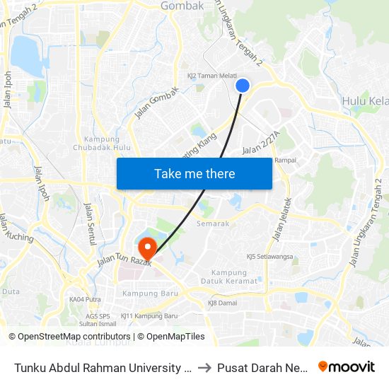 Tunku Abdul Rahman University College (Taruc) (Kl162) to Pusat Darah Negara Malaysia map