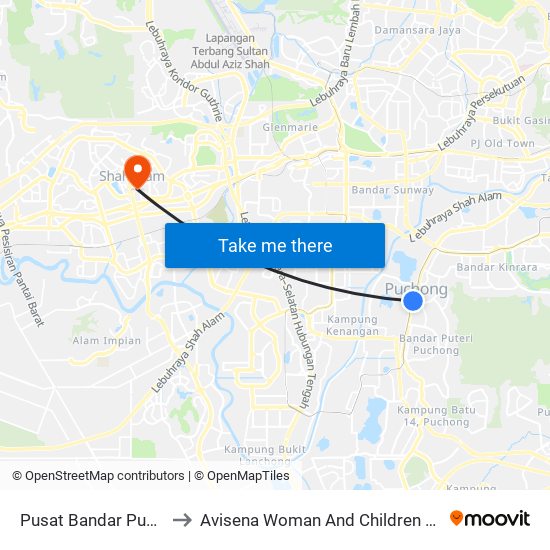 Pusat Bandar Puchong to Avisena Woman And Children Hospital map