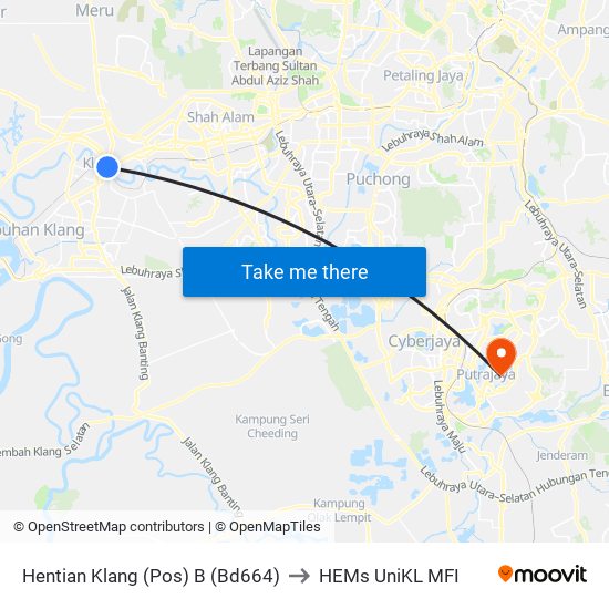 Hentian Klang (Pos) B (Bd664) to HEMs UniKL MFI map