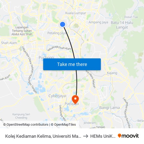Kolej Kediaman Kelima, Universiti Malaya (Kl2343) to HEMs UniKL MFI map