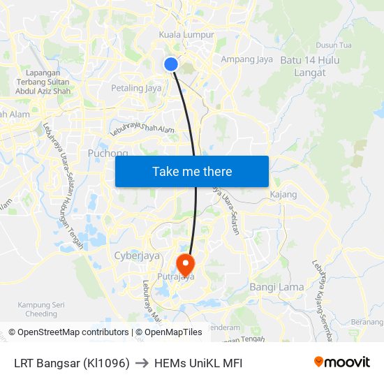 LRT Bangsar (Kl1096) to HEMs UniKL MFI map