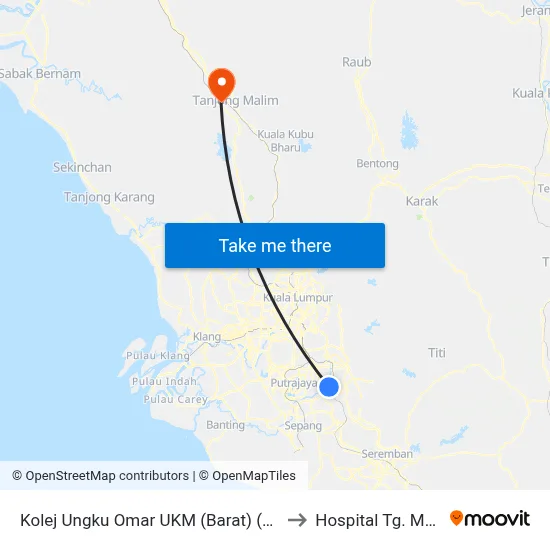 Kolej Ungku Omar UKM (Barat) (Kj228) to Hospital Tg. Malim map