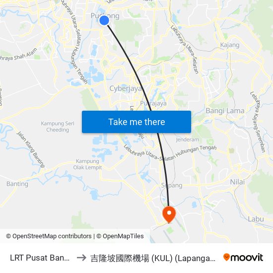 LRT Pusat Bandar Puchong (Sj735) to 吉隆坡國際機場 (KUL) (Lapangan Terbang Antarabangsa Kuala Lumpur) map