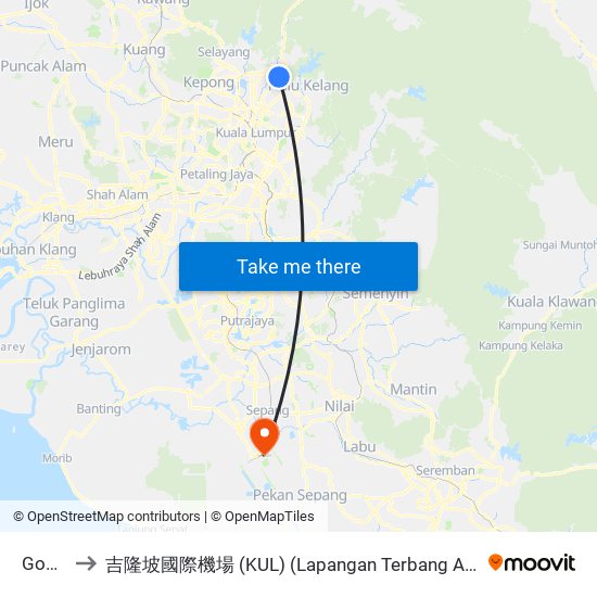 Gombak to 吉隆坡國際機場 (KUL) (Lapangan Terbang Antarabangsa Kuala Lumpur) map