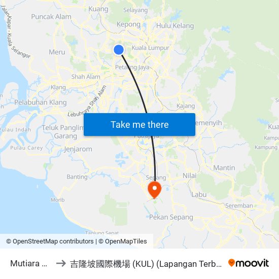 Mutiara Damansara to 吉隆坡國際機場 (KUL) (Lapangan Terbang Antarabangsa Kuala Lumpur) map