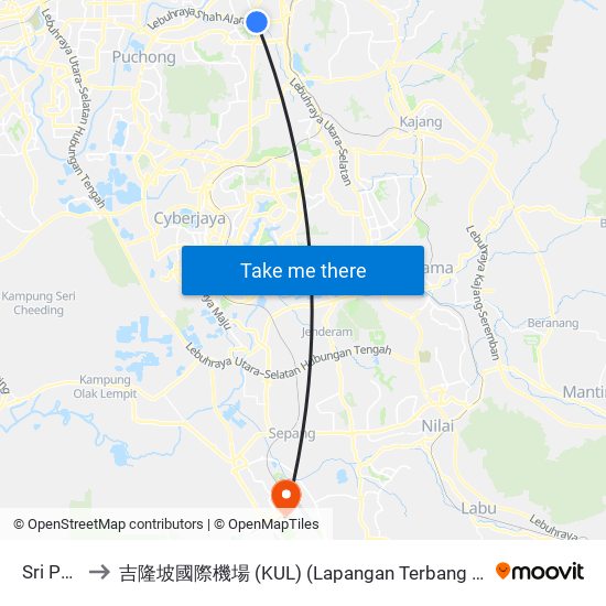 Sri Petaling to 吉隆坡國際機場 (KUL) (Lapangan Terbang Antarabangsa Kuala Lumpur) map