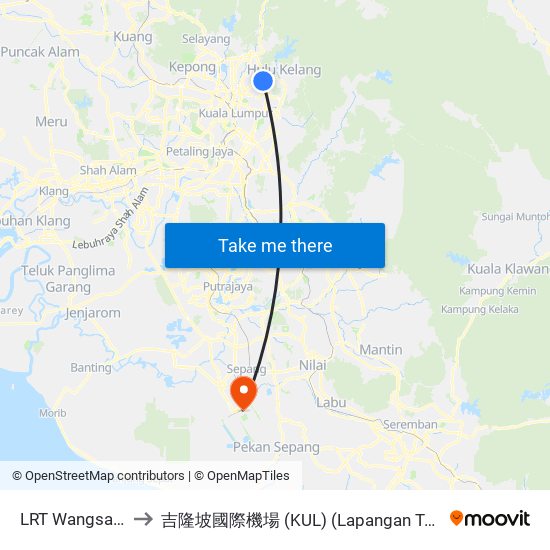 LRT Wangsa Maju (Kl2097) to 吉隆坡國際機場 (KUL) (Lapangan Terbang Antarabangsa Kuala Lumpur) map