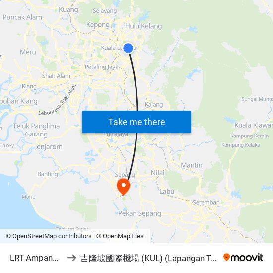 LRT Ampang Park (Kl2306) to 吉隆坡國際機場 (KUL) (Lapangan Terbang Antarabangsa Kuala Lumpur) map