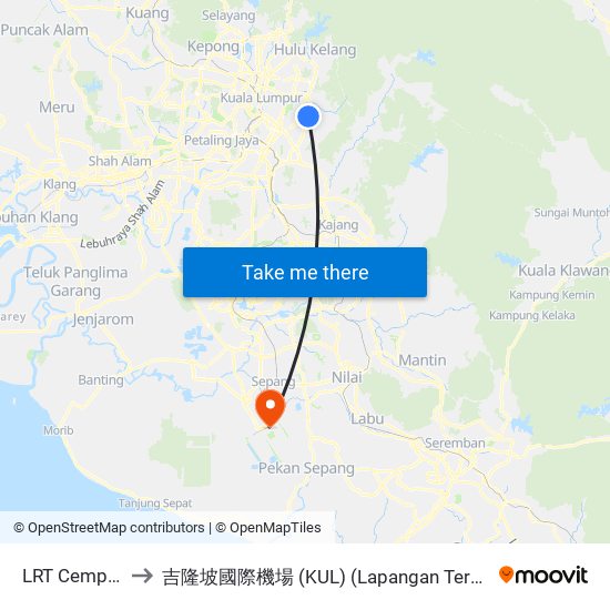 LRT Cempaka (Aj219) to 吉隆坡國際機場 (KUL) (Lapangan Terbang Antarabangsa Kuala Lumpur) map