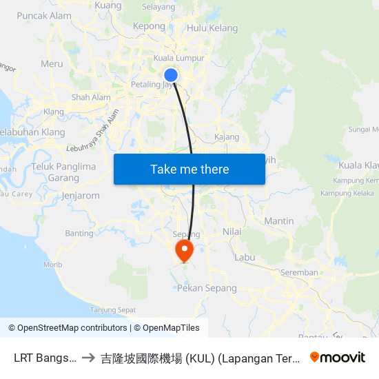 LRT Bangsar (Kl1096) to 吉隆坡國際機場 (KUL) (Lapangan Terbang Antarabangsa Kuala Lumpur) map