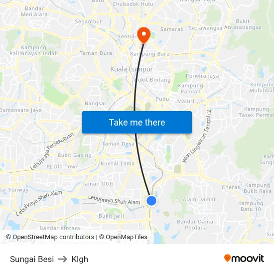 Sungai Besi to Klgh map