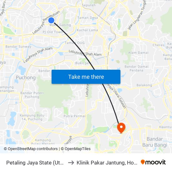 Petaling Jaya State (Utara) (Pj433) to Klinik Pakar Jantung, Hosp Serdang. map