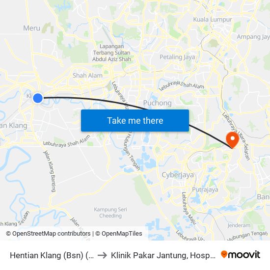 Hentian Klang (Bsn) (Bd580) to Klinik Pakar Jantung, Hosp Serdang. map