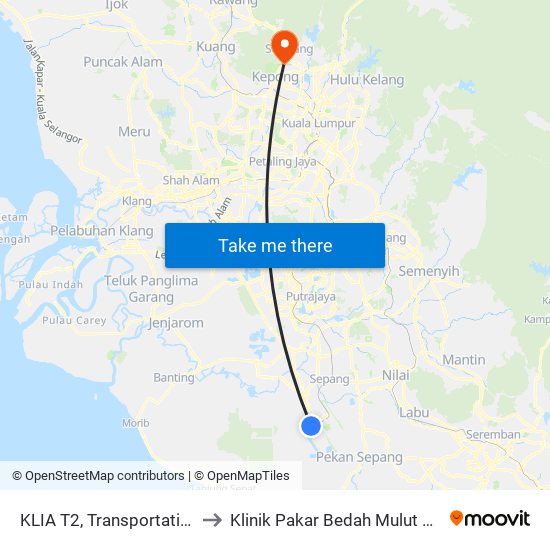 KLIA T2, Transportation Hub Level 1 to Klinik Pakar Bedah Mulut Hospital Selayang map