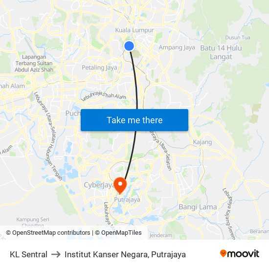 KL Sentral to Institut Kanser Negara, Putrajaya map