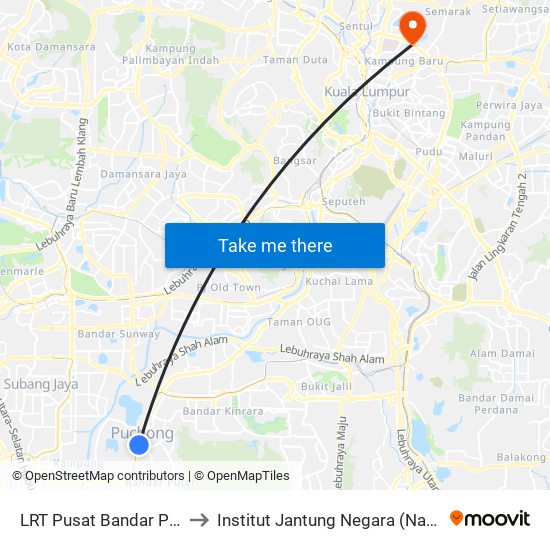 LRT Pusat Bandar Puchong (Sj735) to Institut Jantung Negara (National Heart Institute) map