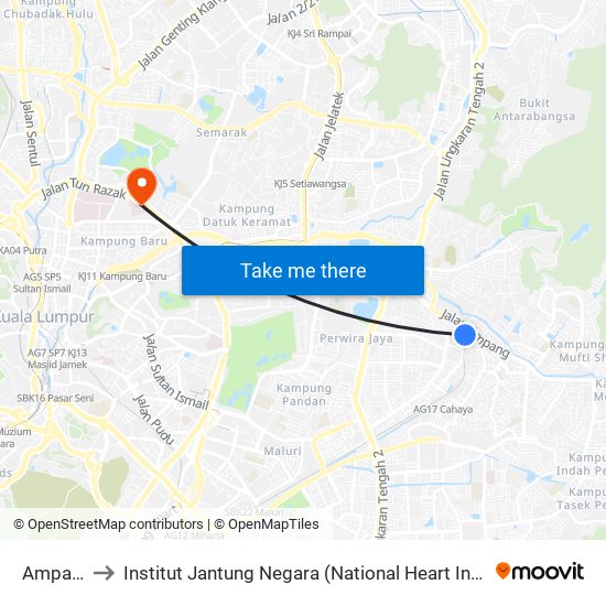 Ampang to Institut Jantung Negara (National Heart Institute) map