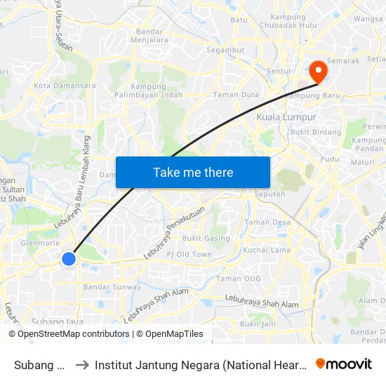 Subang Jaya to Institut Jantung Negara (National Heart Institute) map