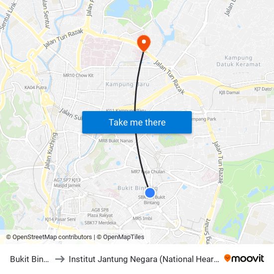 Bukit Bintang to Institut Jantung Negara (National Heart Institute) map