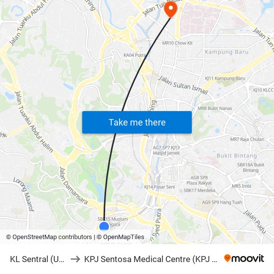 KL Sentral (Utara) (Kl1077) to KPJ Sentosa Medical Centre (KPJ Sentosa KL Specialist Hospital) map