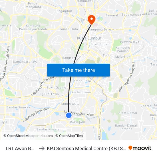 LRT Awan Besar (Kl2324) to KPJ Sentosa Medical Centre (KPJ Sentosa KL Specialist Hospital) map