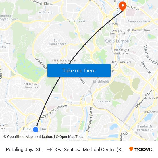 Petaling Jaya State (Utara) (Pj433) to KPJ Sentosa Medical Centre (KPJ Sentosa KL Specialist Hospital) map
