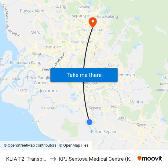 KLIA T2, Transportation Hub Level 1 to KPJ Sentosa Medical Centre (KPJ Sentosa KL Specialist Hospital) map