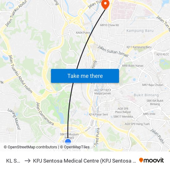 KL Sentral to KPJ Sentosa Medical Centre (KPJ Sentosa KL Specialist Hospital) map