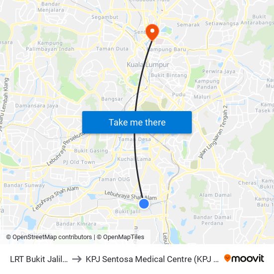 LRT Bukit Jalil (Opp) (Kl151) to KPJ Sentosa Medical Centre (KPJ Sentosa KL Specialist Hospital) map