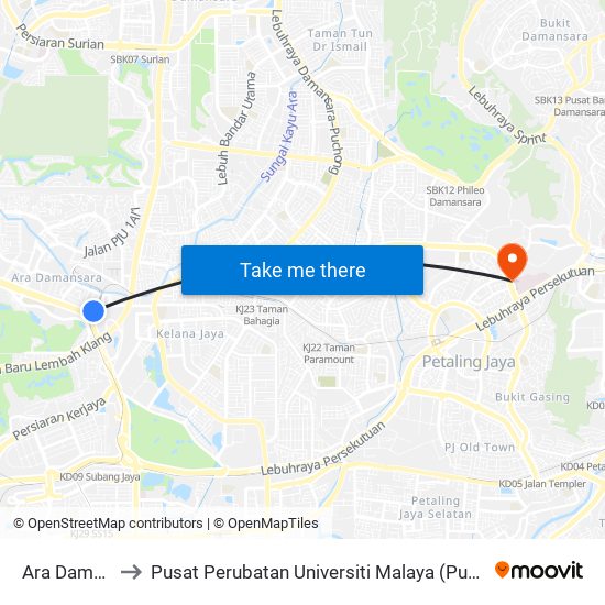 Ara Damansara to Pusat Perubatan Universiti Malaya (Pusat Perubatan UM) map