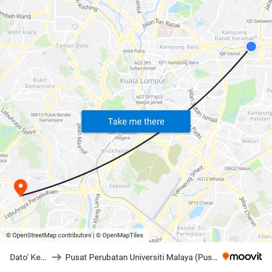 Dato' Keramat to Pusat Perubatan Universiti Malaya (Pusat Perubatan UM) map