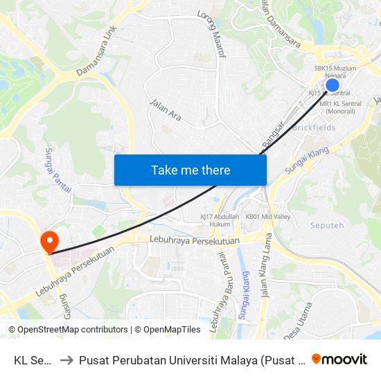 KL Sentral to Pusat Perubatan Universiti Malaya (Pusat Perubatan UM) map