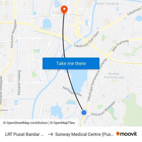 LRT Pusat Bandar Puchong (Sj735) to Sunway Medical Centre (Pusat Perubatan Sunway) map